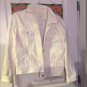 American Eagle White Distressed Denim Jean Jacket Pastel Tie Dye Detail